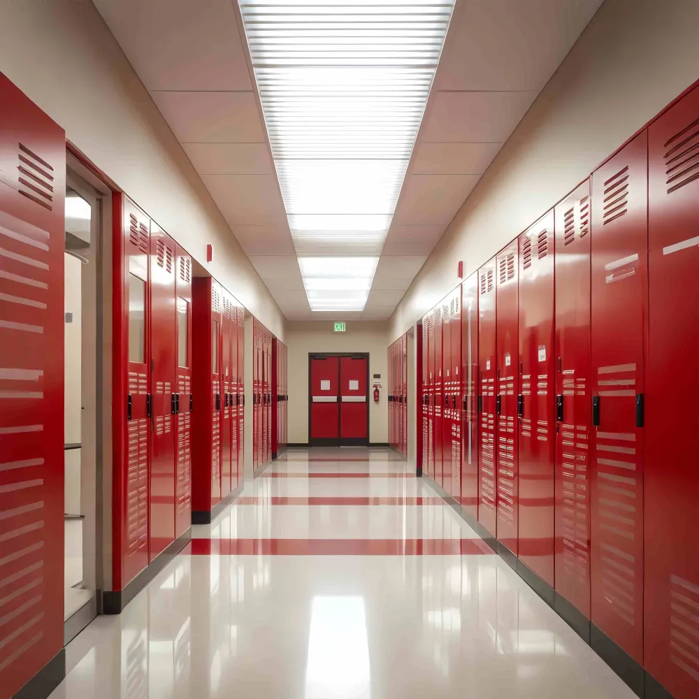 Toile de fond Couloir Scolaire Casiers Rouges Brillants Rentrée des Classes LXX58-146