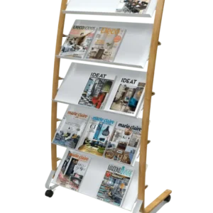 Présentoir Mobile Grand Modèle avec Roulettes - Bois et Blanc ALBA