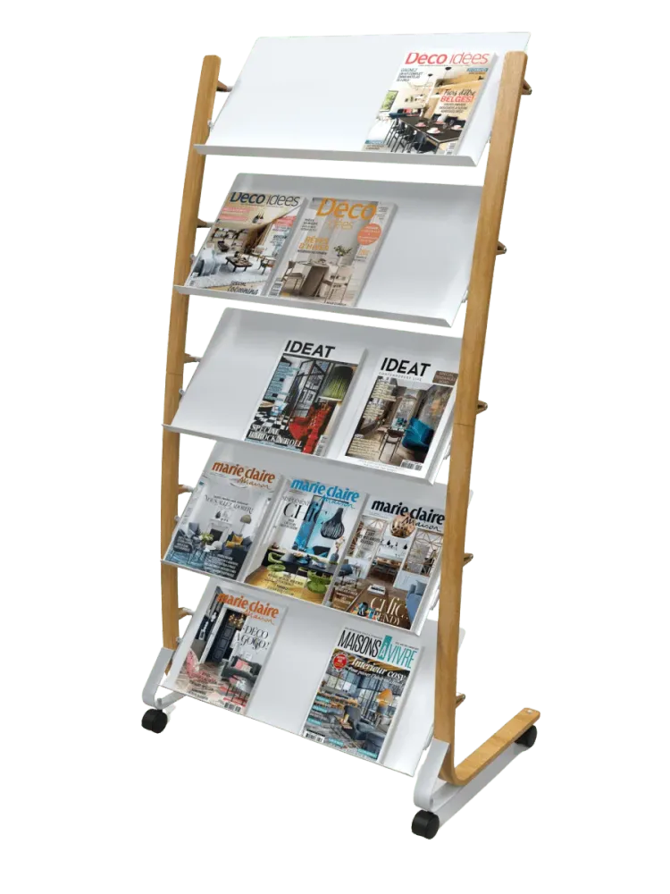 Présentoir Mobile Grand Modèle avec Roulettes - Bois et Blanc ALBA