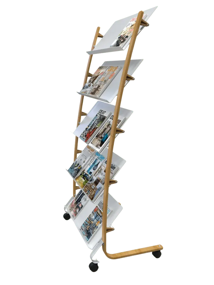 Présentoir Mobile Grand Modèle avec Roulettes - Bois et Blanc ALBA