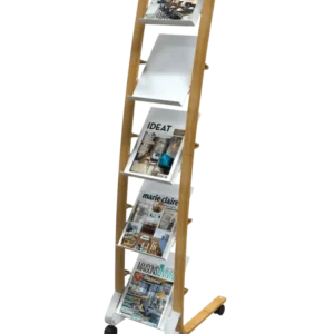 Présentoir Mobile Petit Modèle avec Roulettes - Bois et Blanc ALBA
