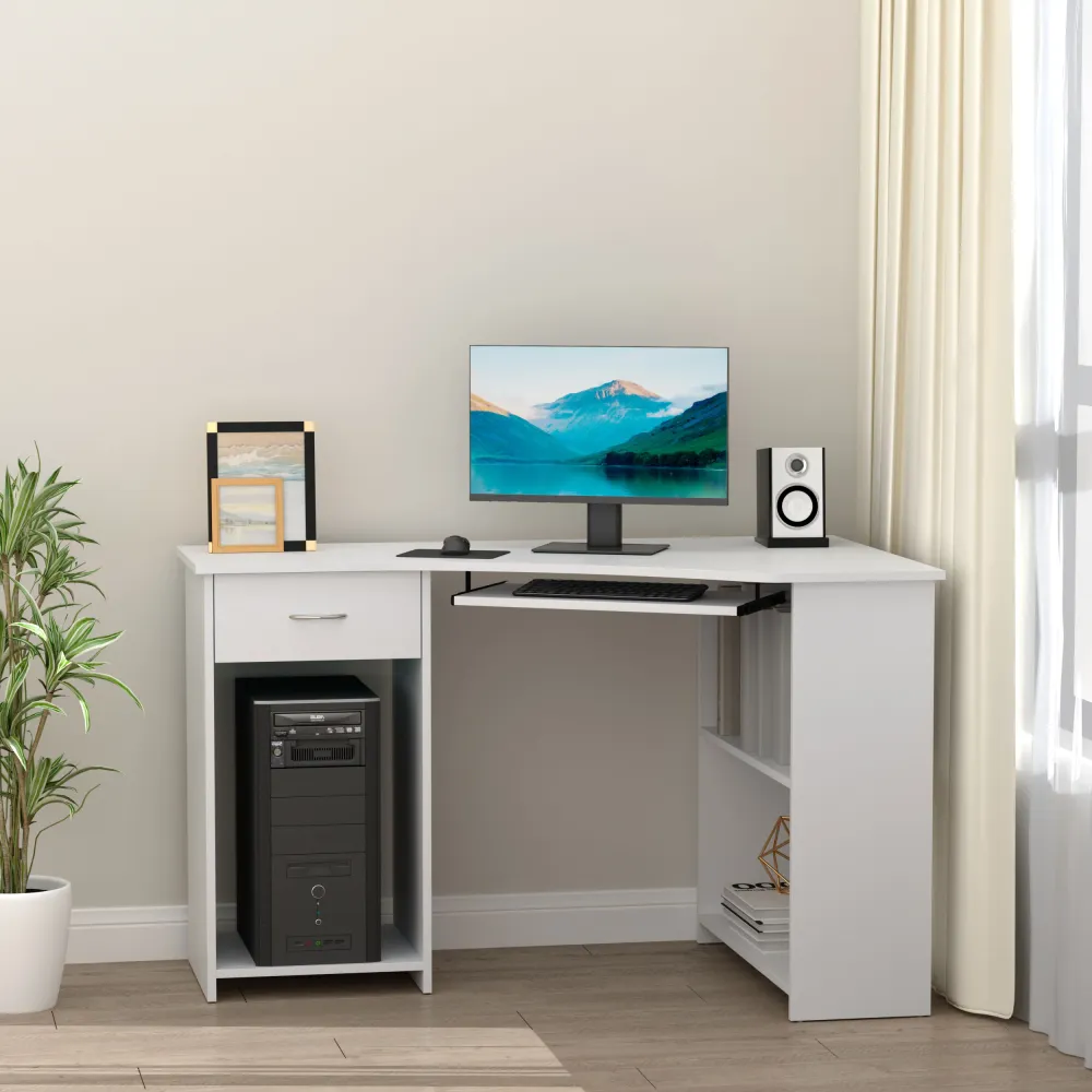 Bureau en L avec plateau pour clavier pour petit espace avec étagères, blanc Aosom
