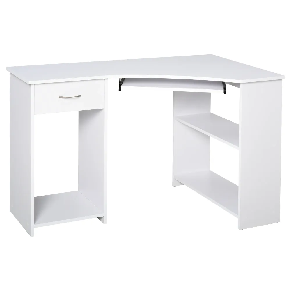Bureau en L avec plateau pour clavier pour petit espace avec étagères, blanc Aosom