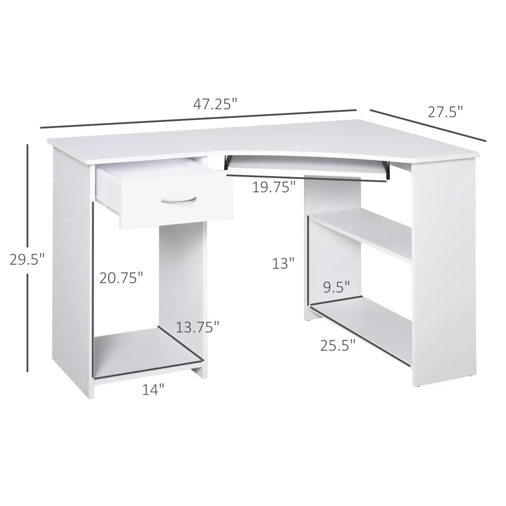 Bureau en L avec plateau pour clavier pour petit espace avec étagères, blanc Aosom