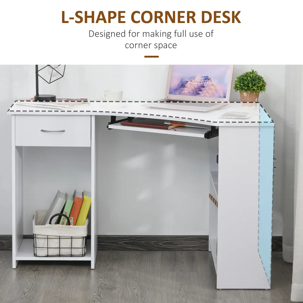 Bureau en L avec plateau pour clavier pour petit espace avec étagères, blanc Aosom