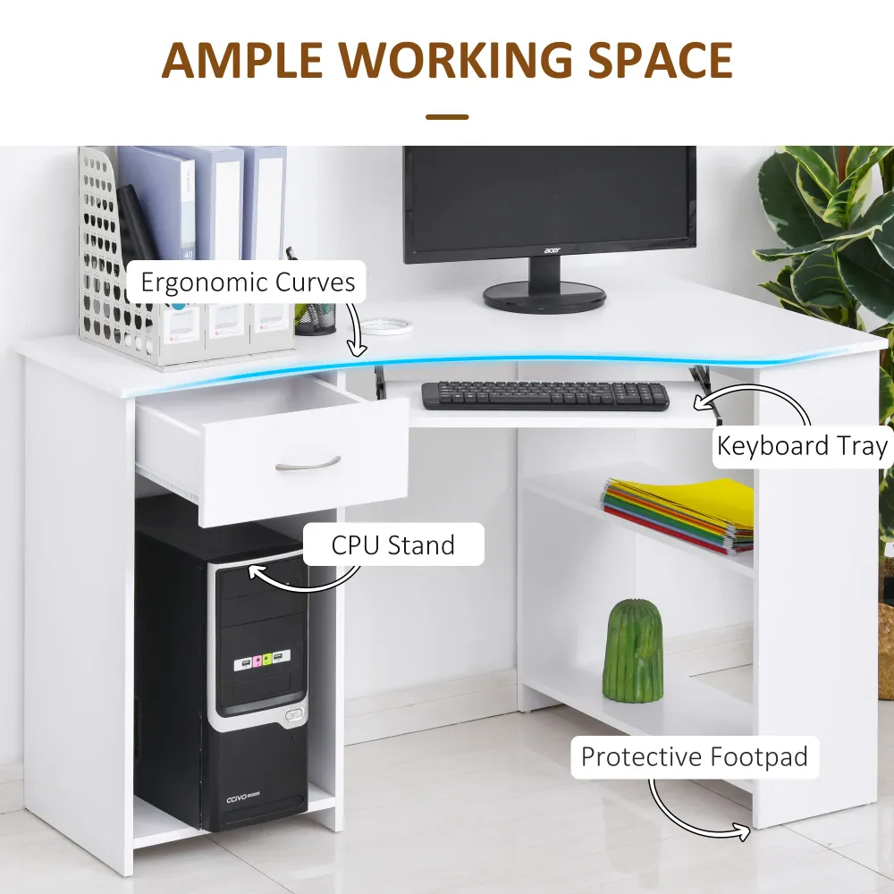 Bureau en L avec plateau pour clavier pour petit espace avec étagères, blanc Aosom