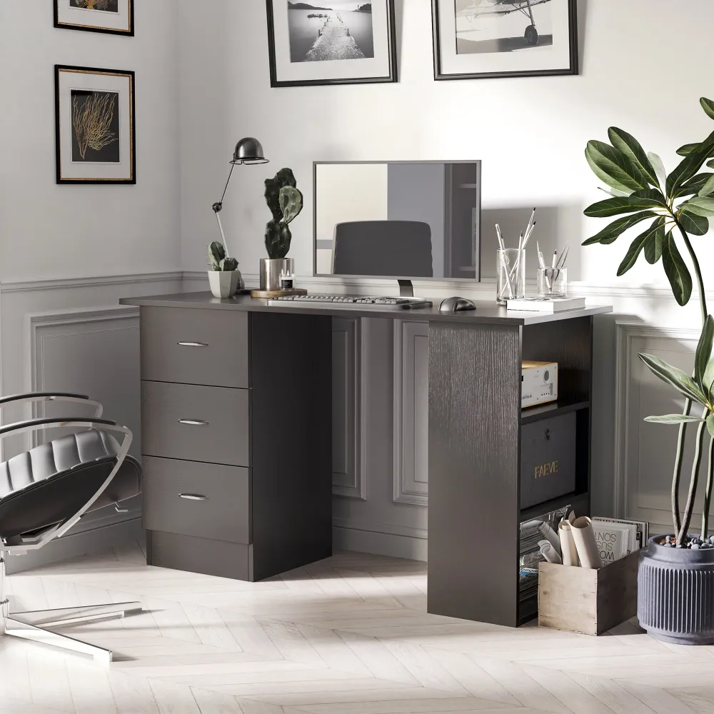 Bureau avec étagères de rangement à 3 niveaux avec tiroirs, noir Aosom