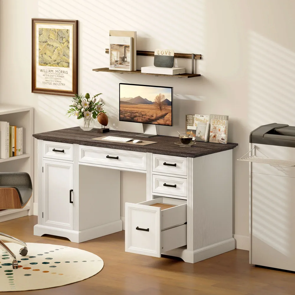 Bureau avec tiroirs à fermeture amortie de style campagnard, blanc Aosom