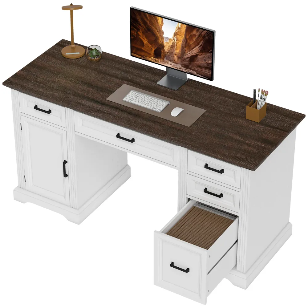 Bureau avec tiroirs à fermeture amortie de style campagnard, blanc Aosom