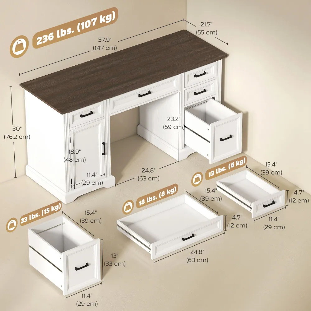 Bureau avec tiroirs à fermeture amortie de style campagnard, blanc Aosom