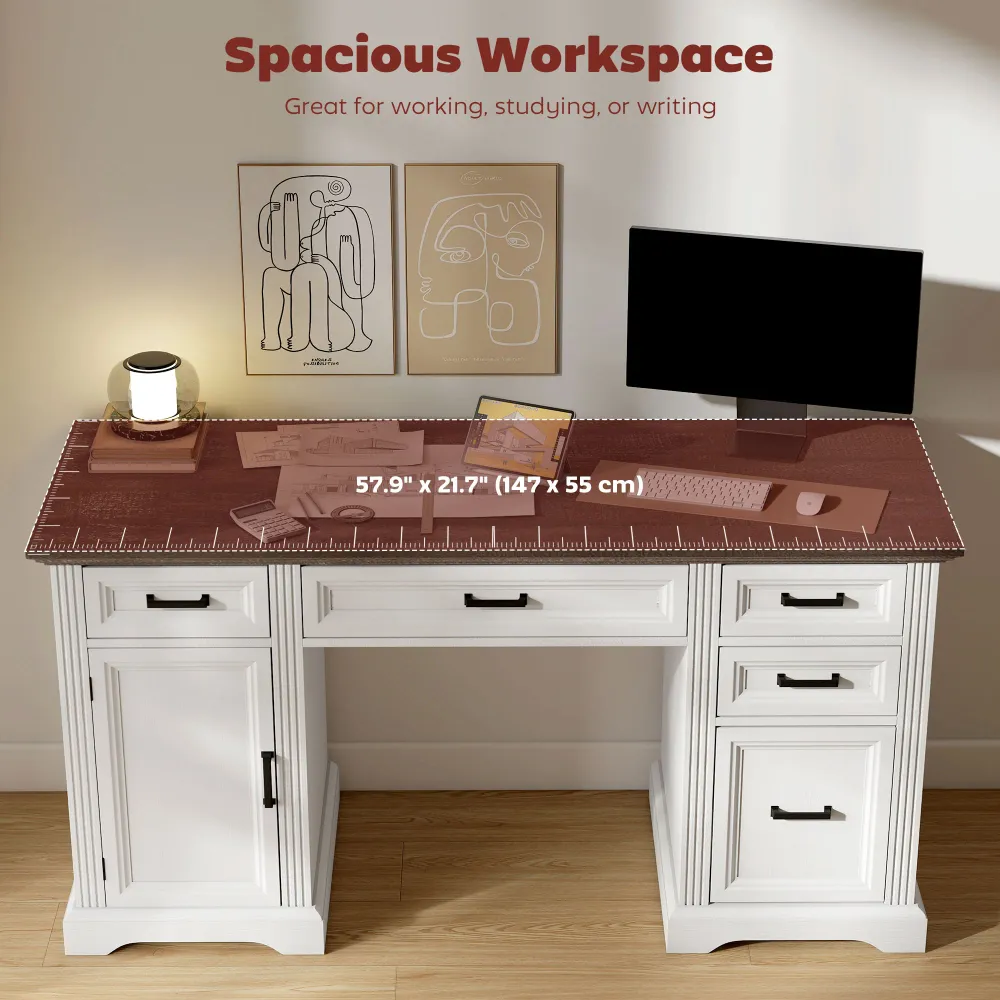 Bureau avec tiroirs à fermeture amortie de style campagnard, blanc Aosom