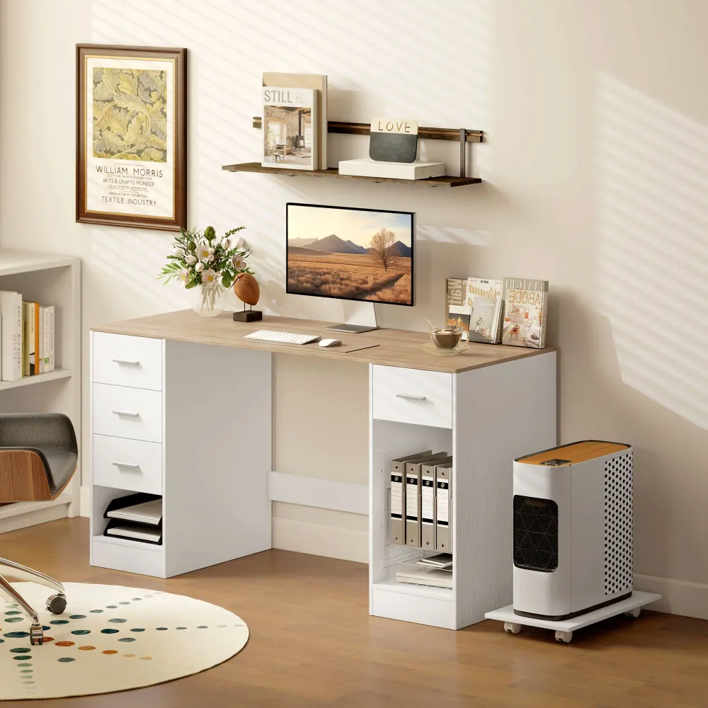 Bureau avec 4 tiroirs réversibles et support mobile pour PC, blanc Aosom