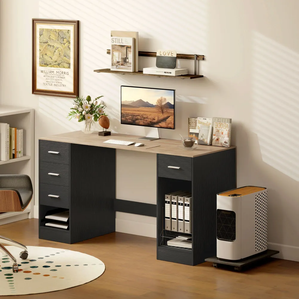 Bureau avec 4 tiroirs réversibles et support mobile pour PC, noir Aosom