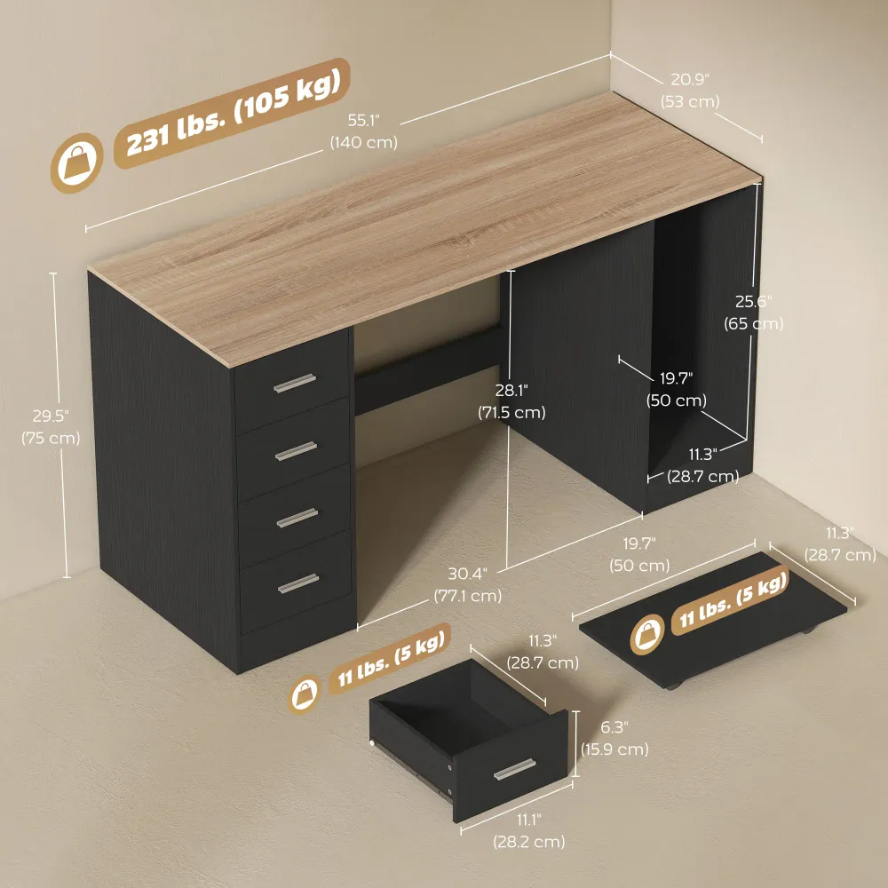 Bureau avec 4 tiroirs réversibles et support mobile pour PC, noir Aosom