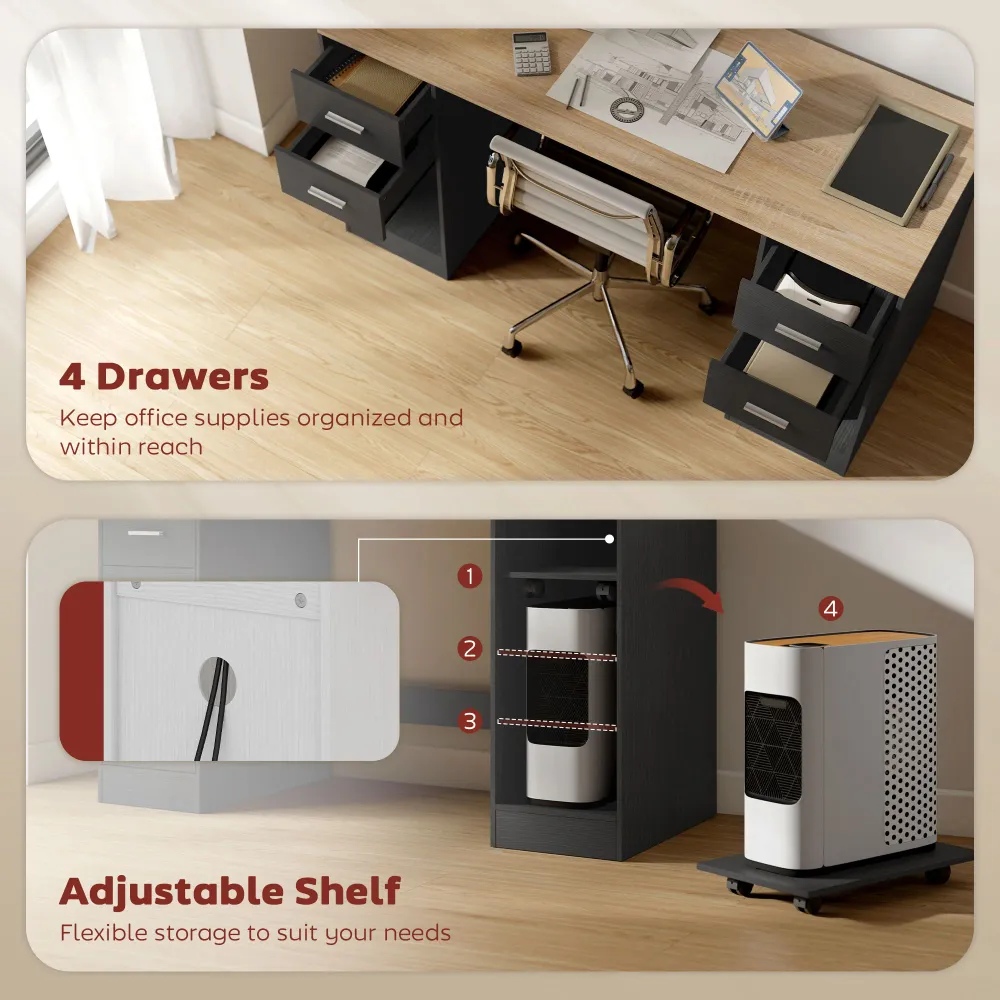 Bureau avec 4 tiroirs réversibles et support mobile pour PC, noir Aosom
