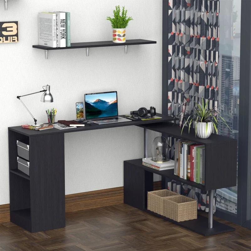 Bureau d'angle pivotant à 360° avec étagères à 3 niveaux, noir Aosom