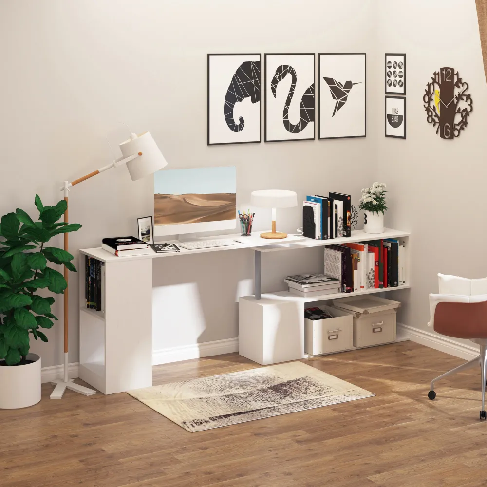 Bureau d'angle, pivotant à 360° avec étagères à 3 niveaux, blanc Aosom