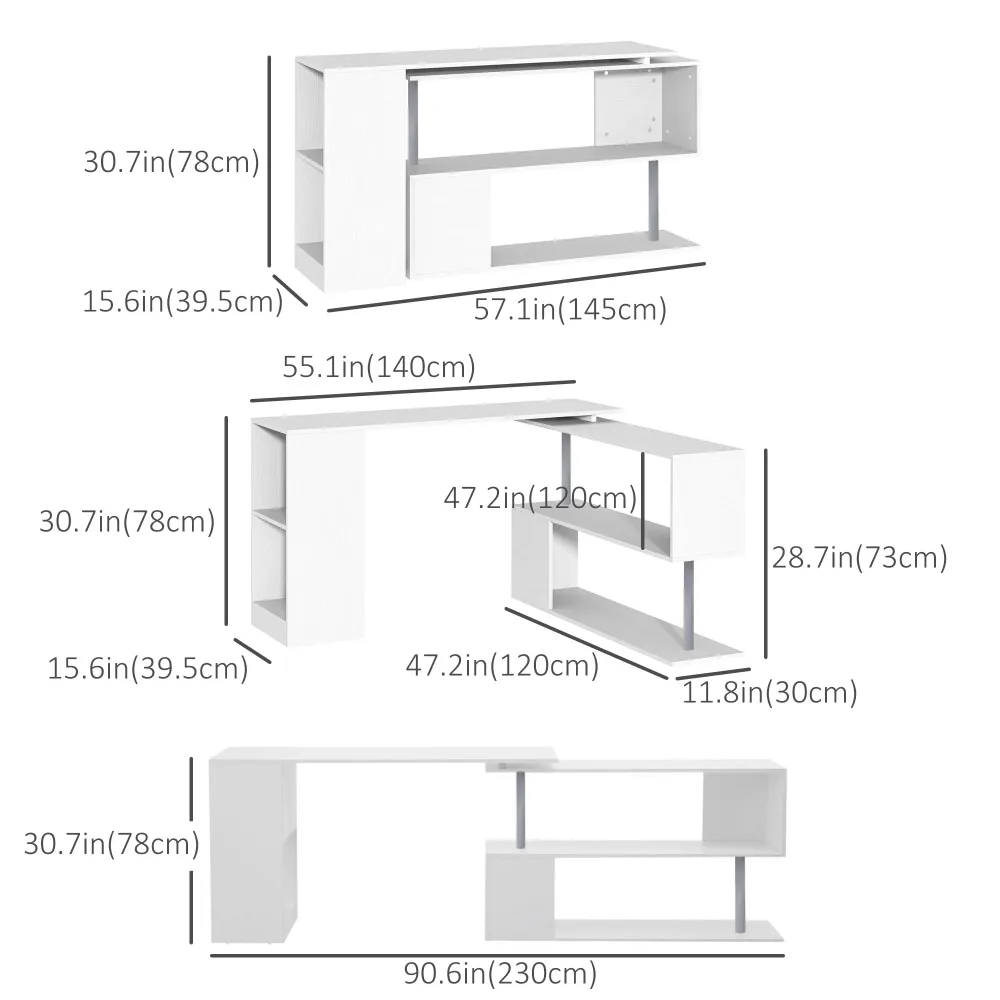Bureau d'angle, pivotant à 360° avec étagères à 3 niveaux, blanc Aosom