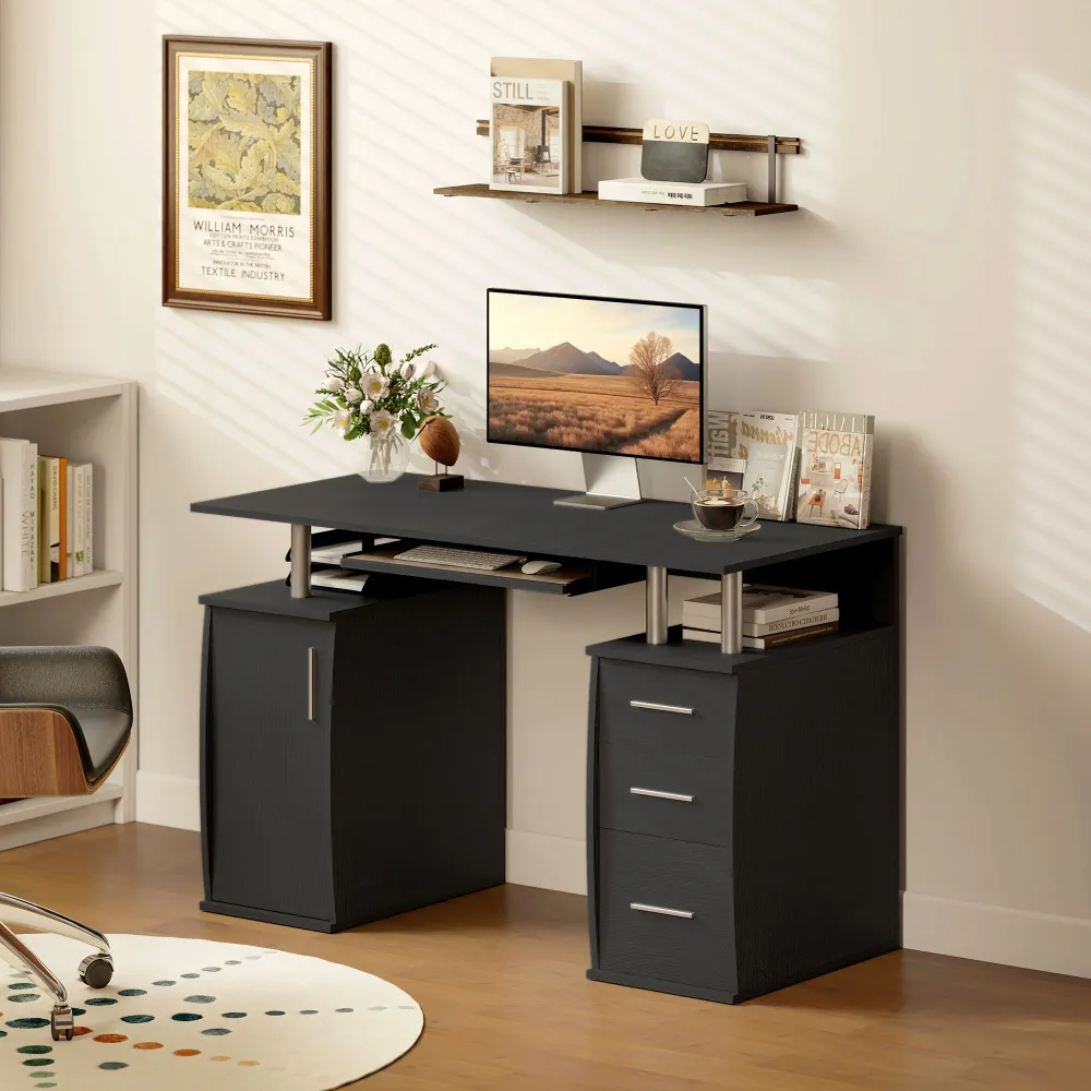 Bureau d'ordinateur avec plateau pour clavier, tiroirs et étagères de rangement, noir Aosom