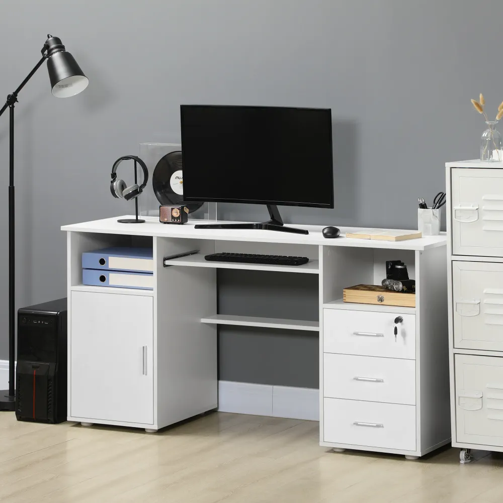 Bureau d'ordinateur avec plateau pour clavier et tiroirs, blanc Aosom