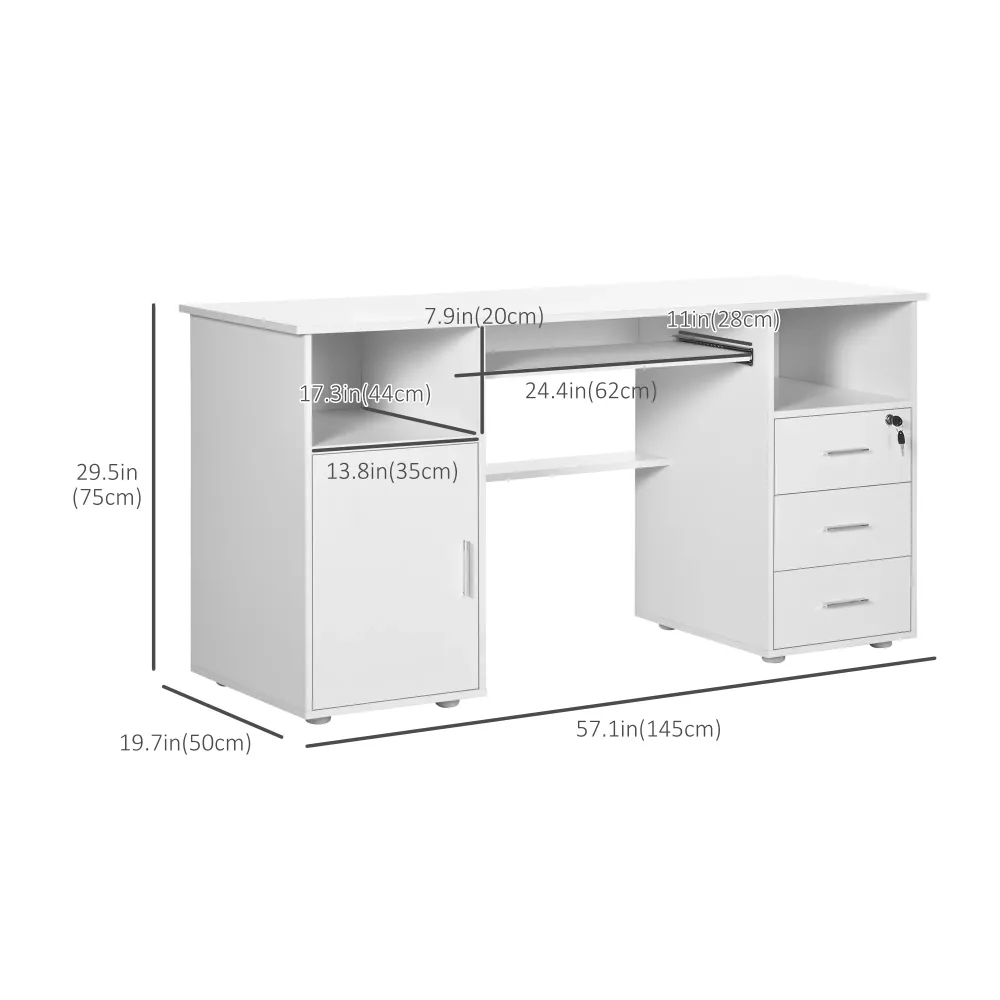 Bureau d'ordinateur avec plateau pour clavier et tiroirs, blanc Aosom