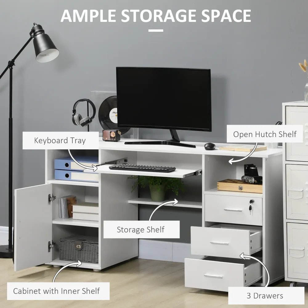 Bureau d'ordinateur avec plateau pour clavier et tiroirs, blanc Aosom