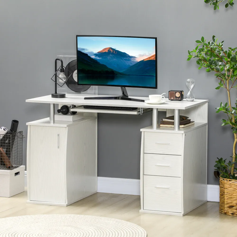 Bureau d'ordinateur avec plateau pour clavier et tiroirs de rangement, blanc Aosom