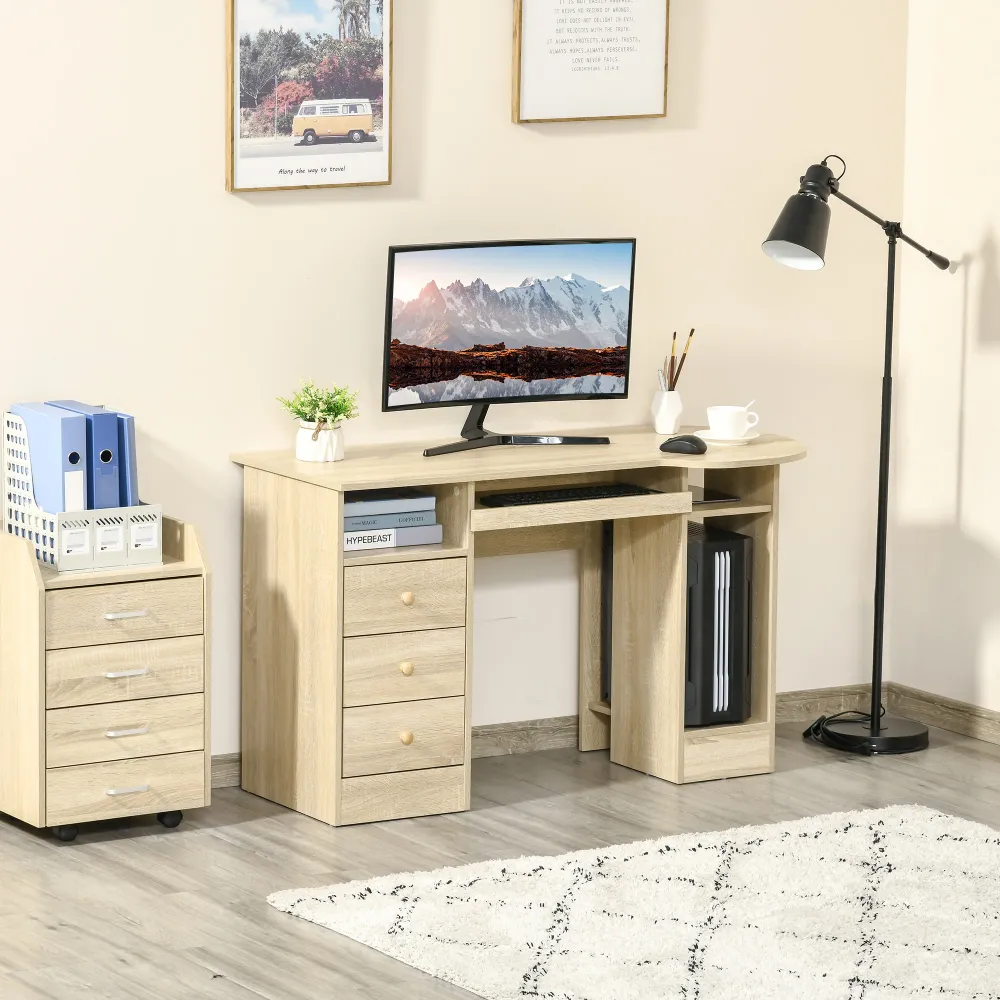 Bureau d'ordinateur avec rangement, étagères et tiroirs, bois naturel Aosom