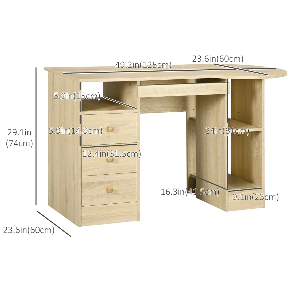 Bureau d'ordinateur avec rangement, étagères et tiroirs, bois naturel Aosom