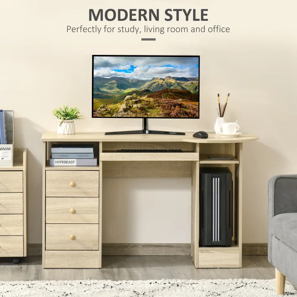 Bureau d'ordinateur avec rangement, étagères et tiroirs, bois naturel Aosom