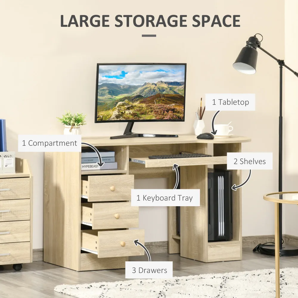 Bureau d'ordinateur avec rangement, étagères et tiroirs, bois naturel Aosom