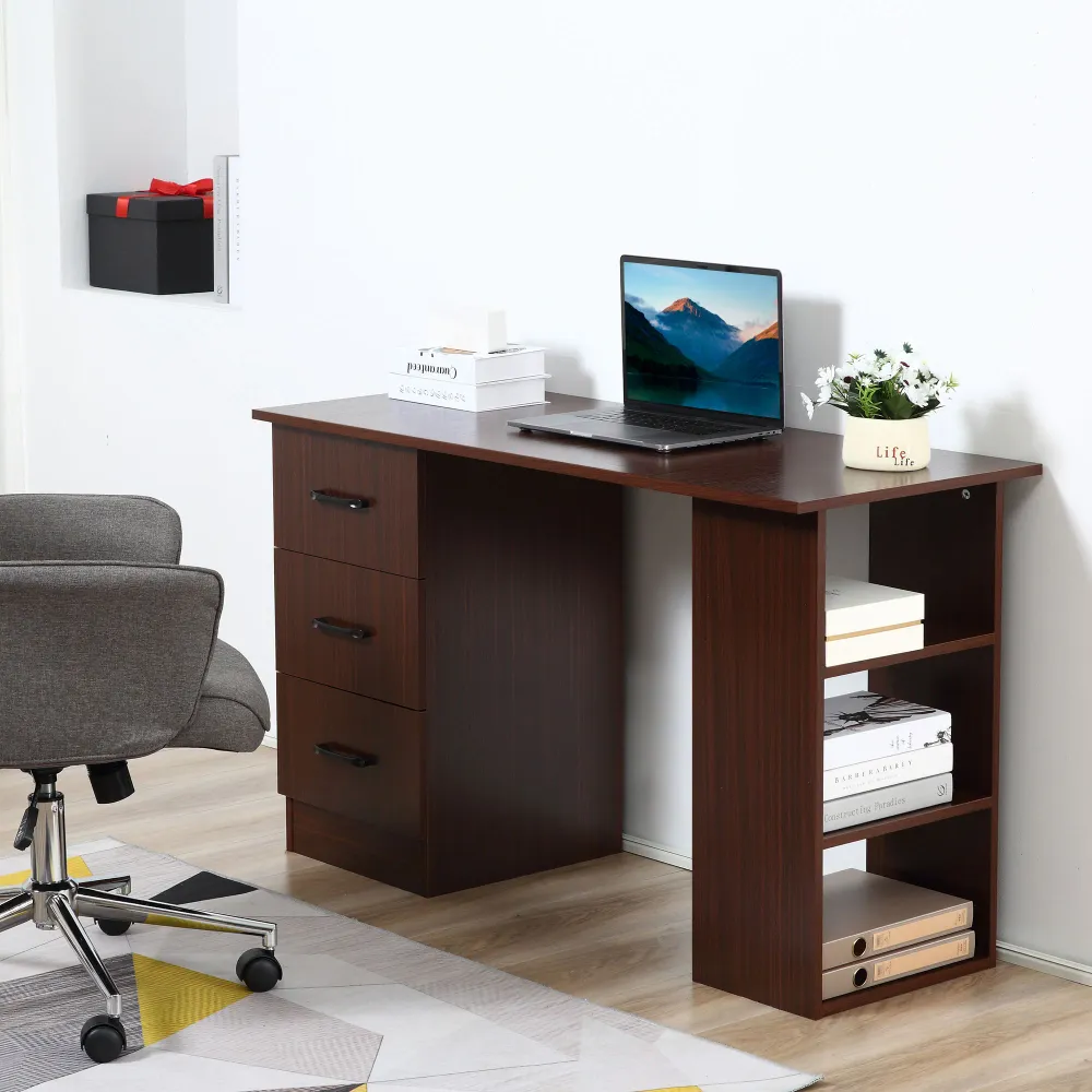 Bureau d'ordinateur avec étagères de rangement à 3 niveaux avec tiroirs, couleur noyer Aosom