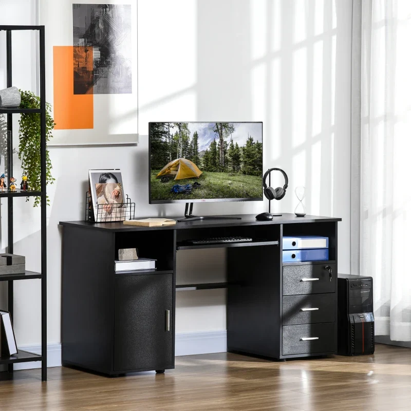 Bureau d'ordinateur avec tiroirs, plateau pour clavier, étagères ouvertes, noir Aosom