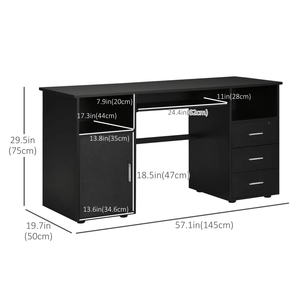 Bureau d'ordinateur avec tiroirs, plateau pour clavier, étagères ouvertes, noir Aosom