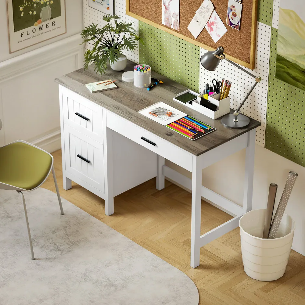 Bureau d'ordinateur avec 3 tiroirs de style campagnard, blanc Aosom