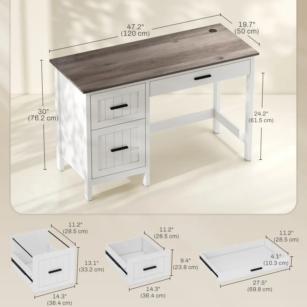 Bureau d'ordinateur avec 3 tiroirs de style campagnard, blanc Aosom