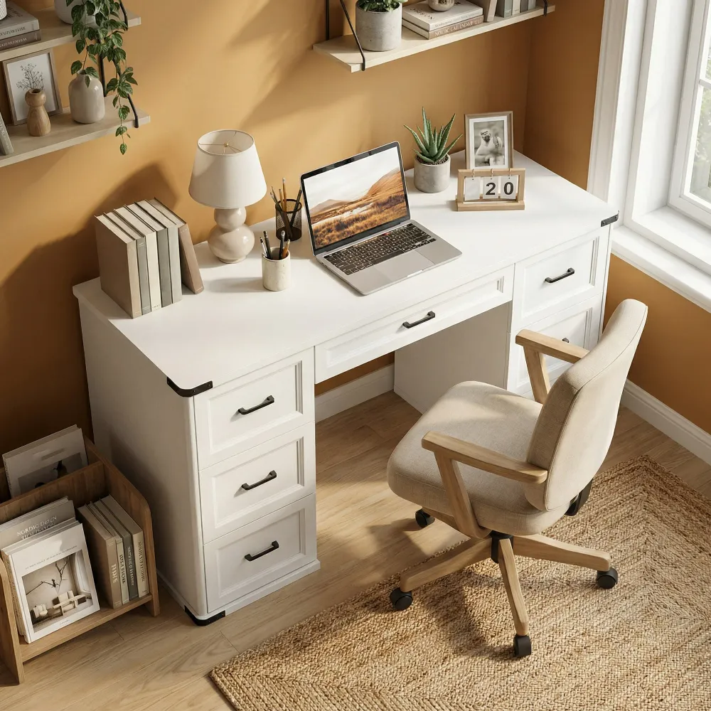 Bureau d'ordinateur 55" avec 7 tiroirs, style ferme, finition bois blanc. Aosom