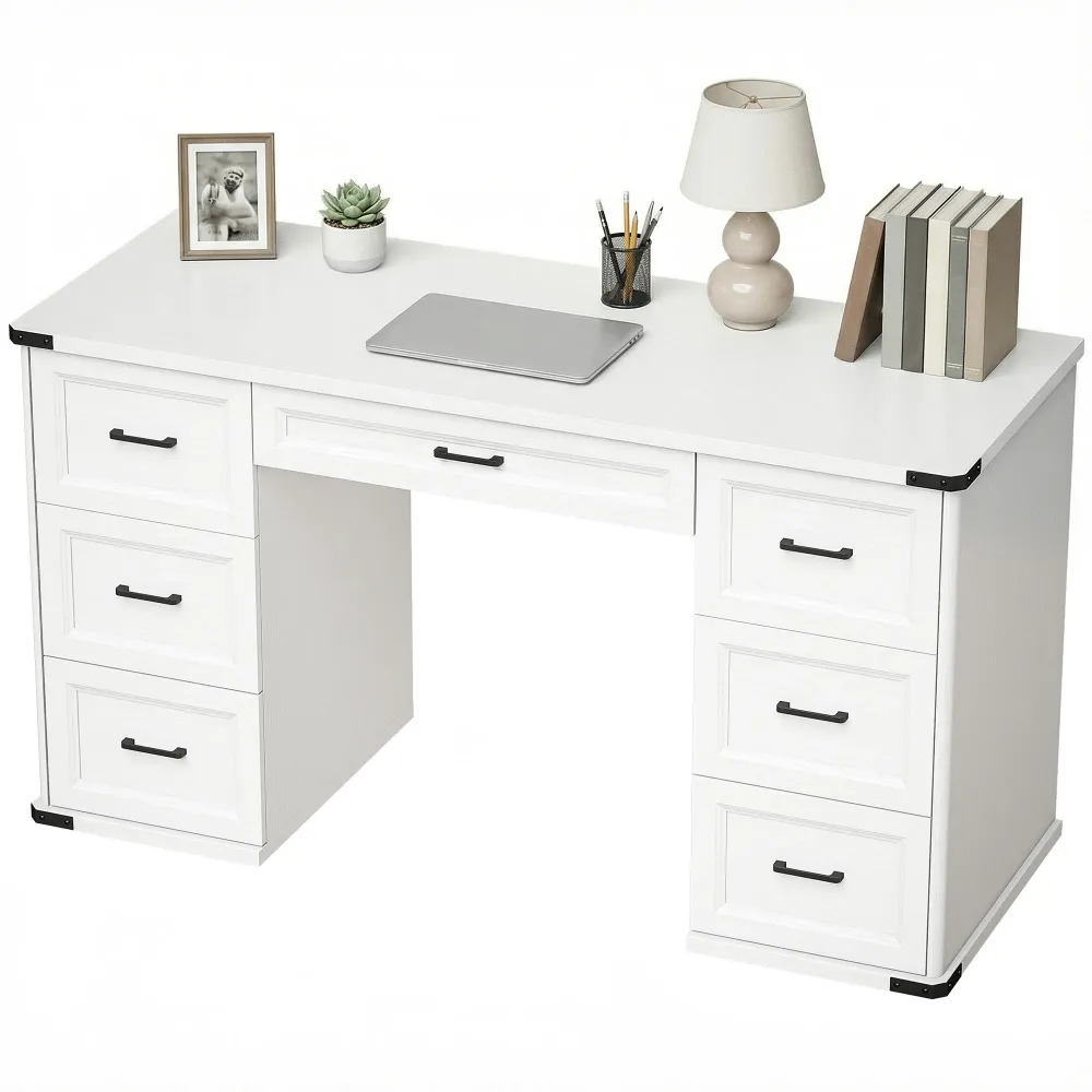 Bureau d'ordinateur 55" avec 7 tiroirs, style ferme, finition bois blanc. Aosom