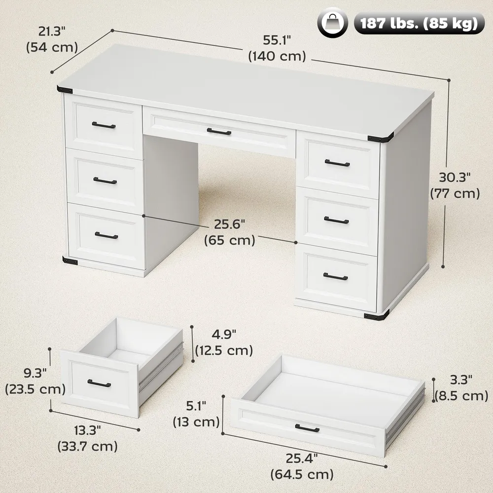 Bureau d'ordinateur 55" avec 7 tiroirs, style ferme, finition bois blanc. Aosom