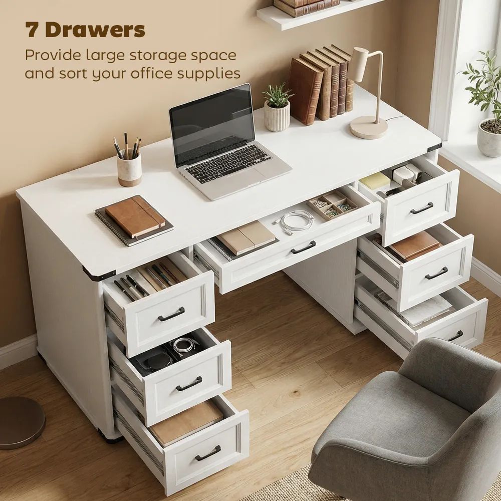 Bureau d'ordinateur 55" avec 7 tiroirs, style ferme, finition bois blanc. Aosom