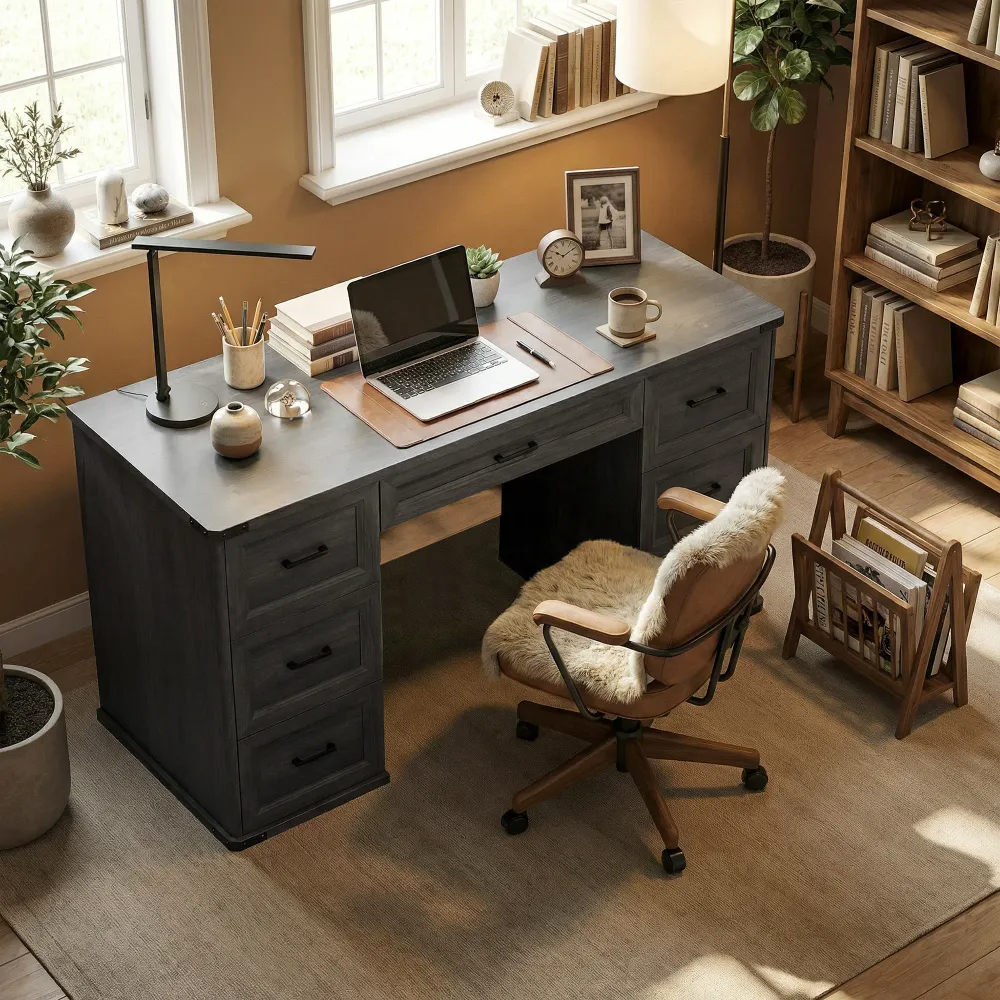Bureau d'ordinateur 55" avec 7 tiroirs, style ferme, finition bois gris. Aosom