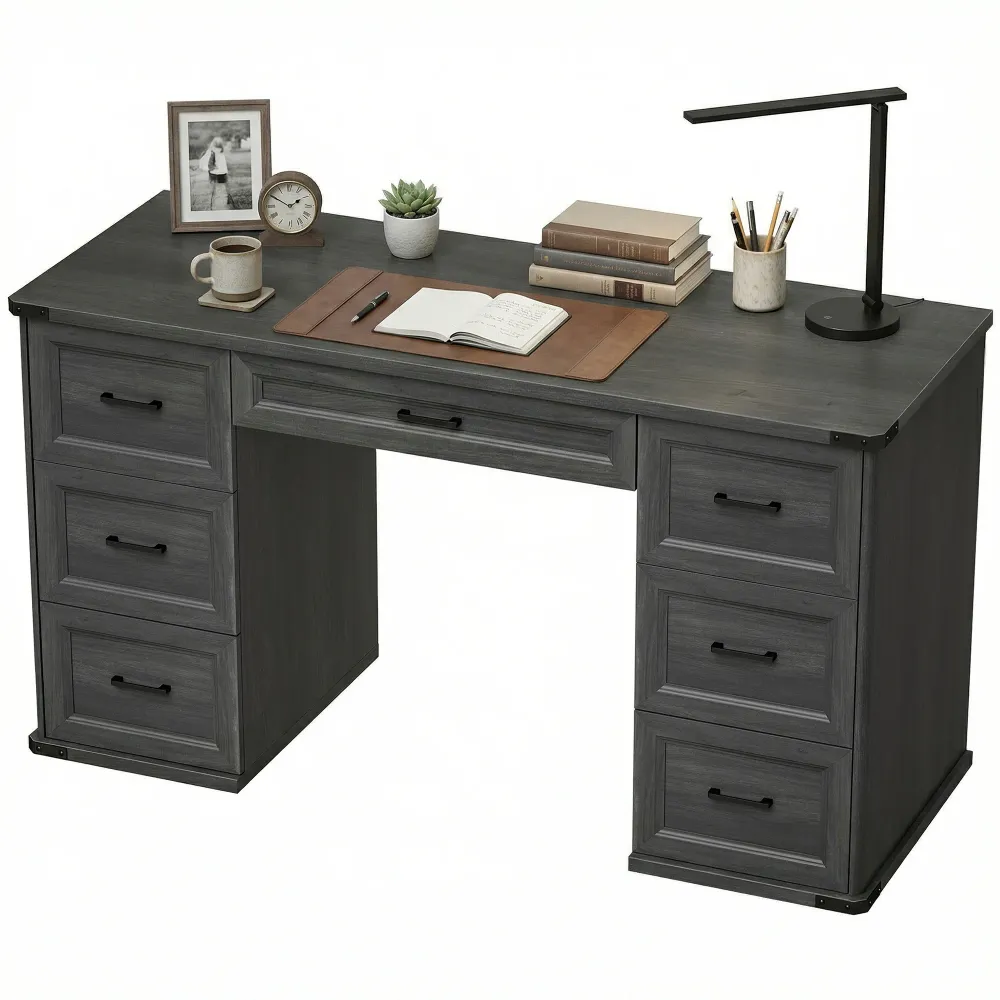 Bureau d'ordinateur 55" avec 7 tiroirs, style ferme, finition bois gris. Aosom