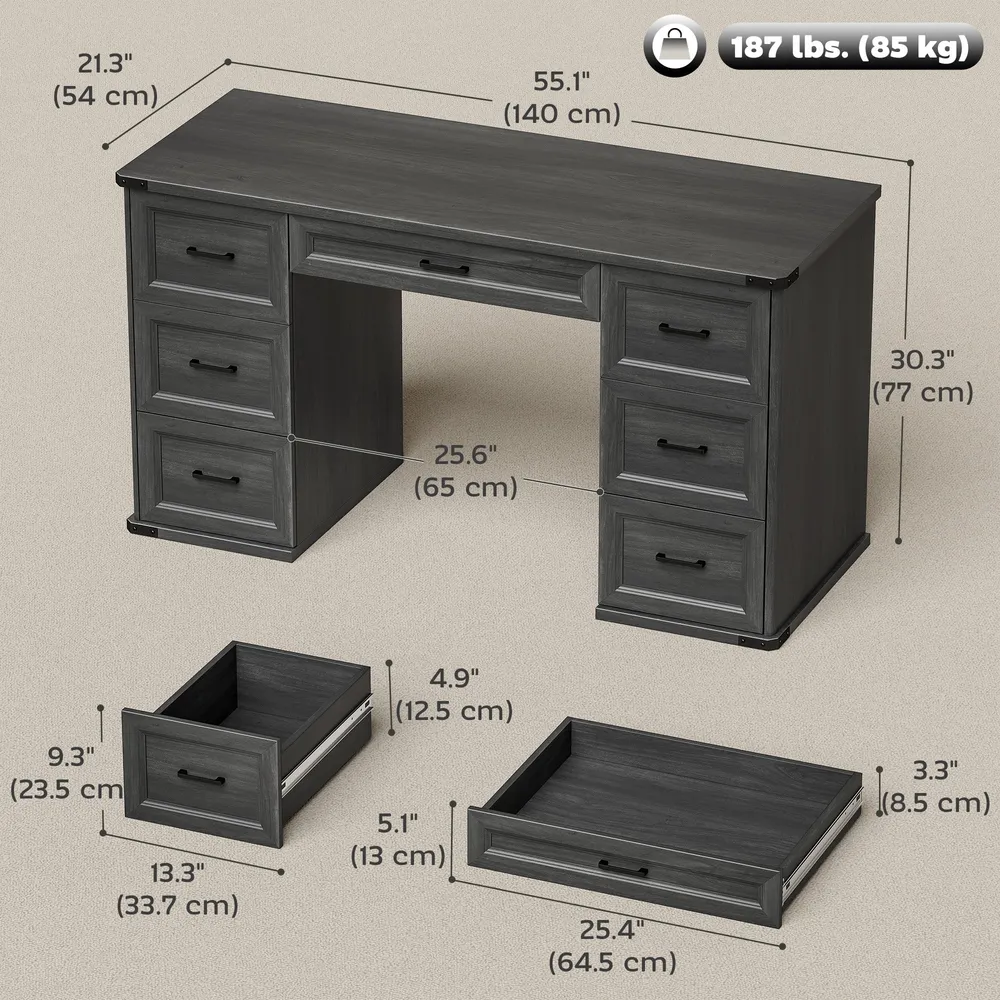 Bureau d'ordinateur 55" avec 7 tiroirs, style ferme, finition bois gris. Aosom