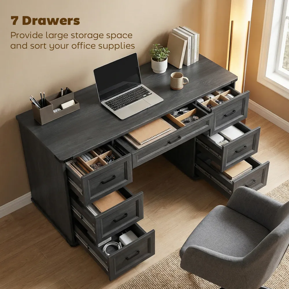 Bureau d'ordinateur 55" avec 7 tiroirs, style ferme, finition bois gris. Aosom
