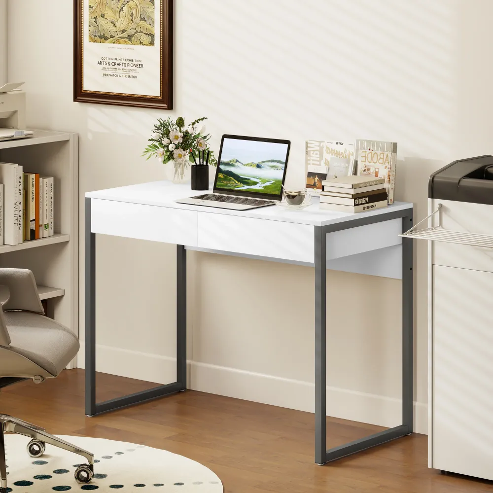 Bureau d'ordinateur brillant avec 2 tiroirs, pour petits espaces, blanc et gris Aosom