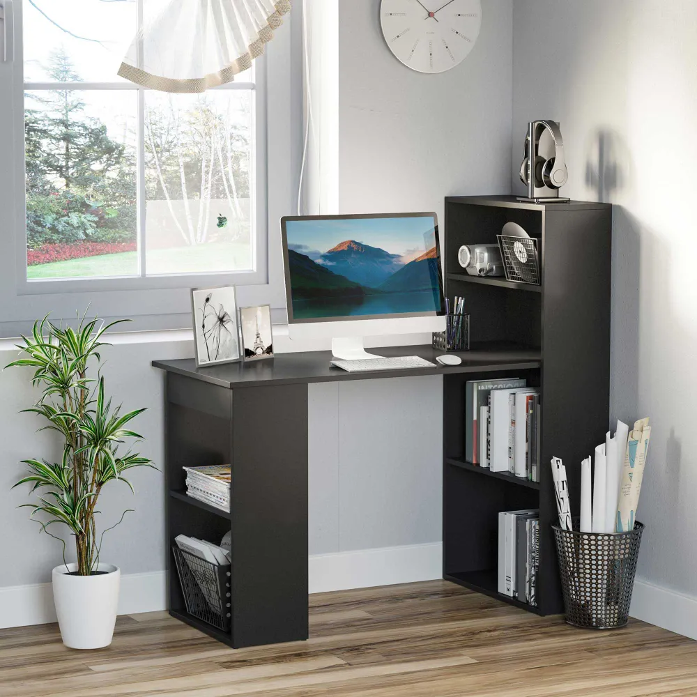 Bureau d'ordinateur moderne avec étagères de rangement et table d'écriture, noir Aosom
