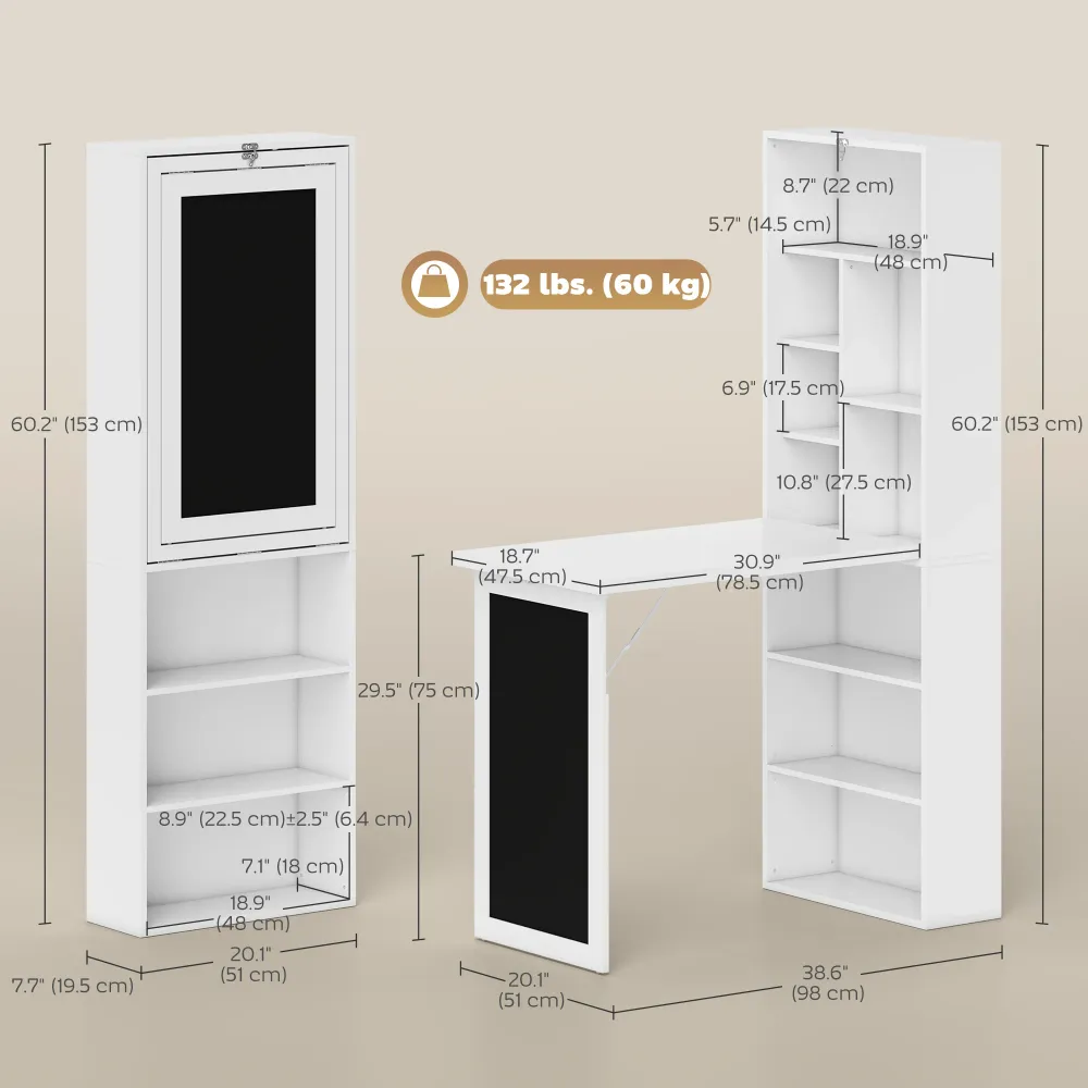 Bureau d'ordinateur mural pliable et convertible avec tableau noir, blanc Aosom