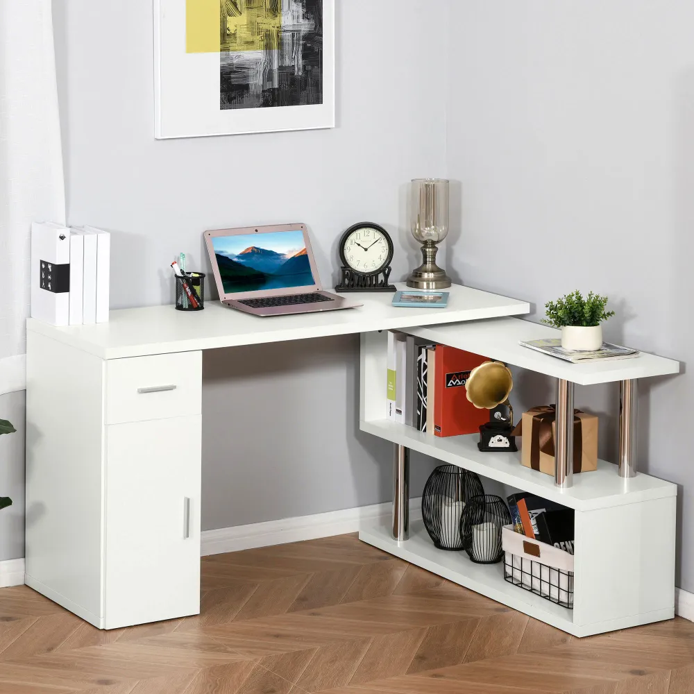 Bureau d'ordinateur rotatif en L avec étagères de rangement, armoire et tiroir, blanc Aosom