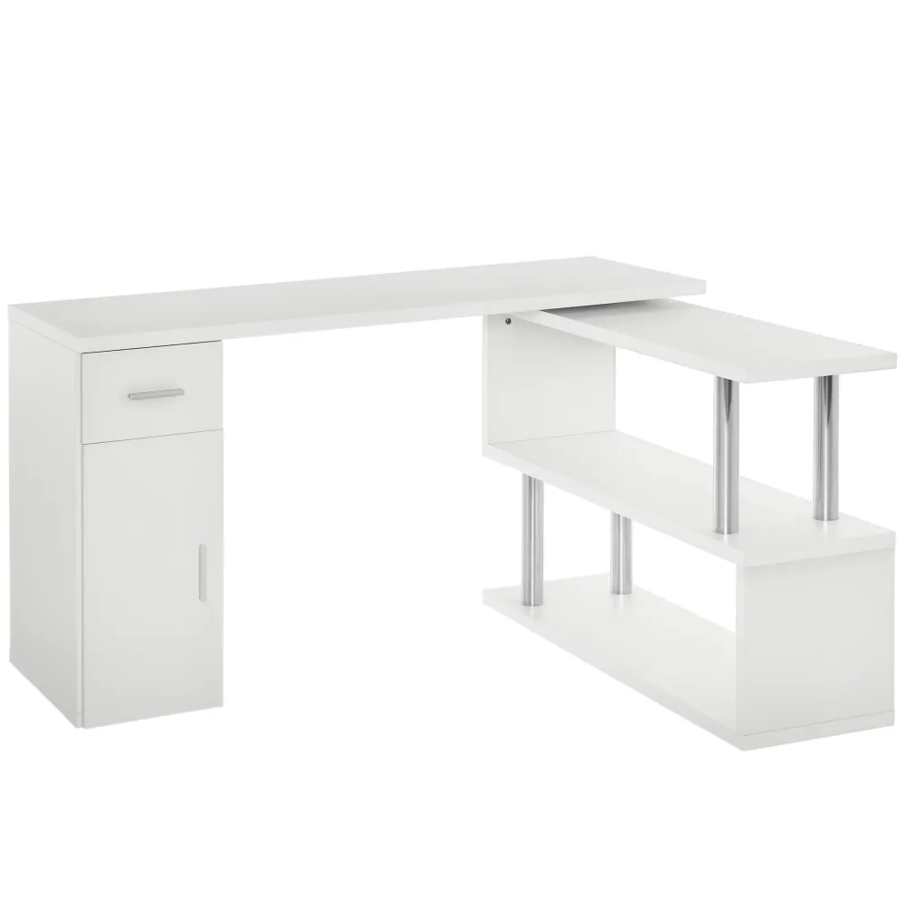 Bureau d'ordinateur rotatif en L avec étagères de rangement, armoire et tiroir, blanc Aosom