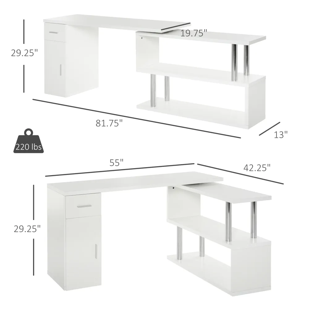 Bureau d'ordinateur rotatif en L avec étagères de rangement, armoire et tiroir, blanc Aosom